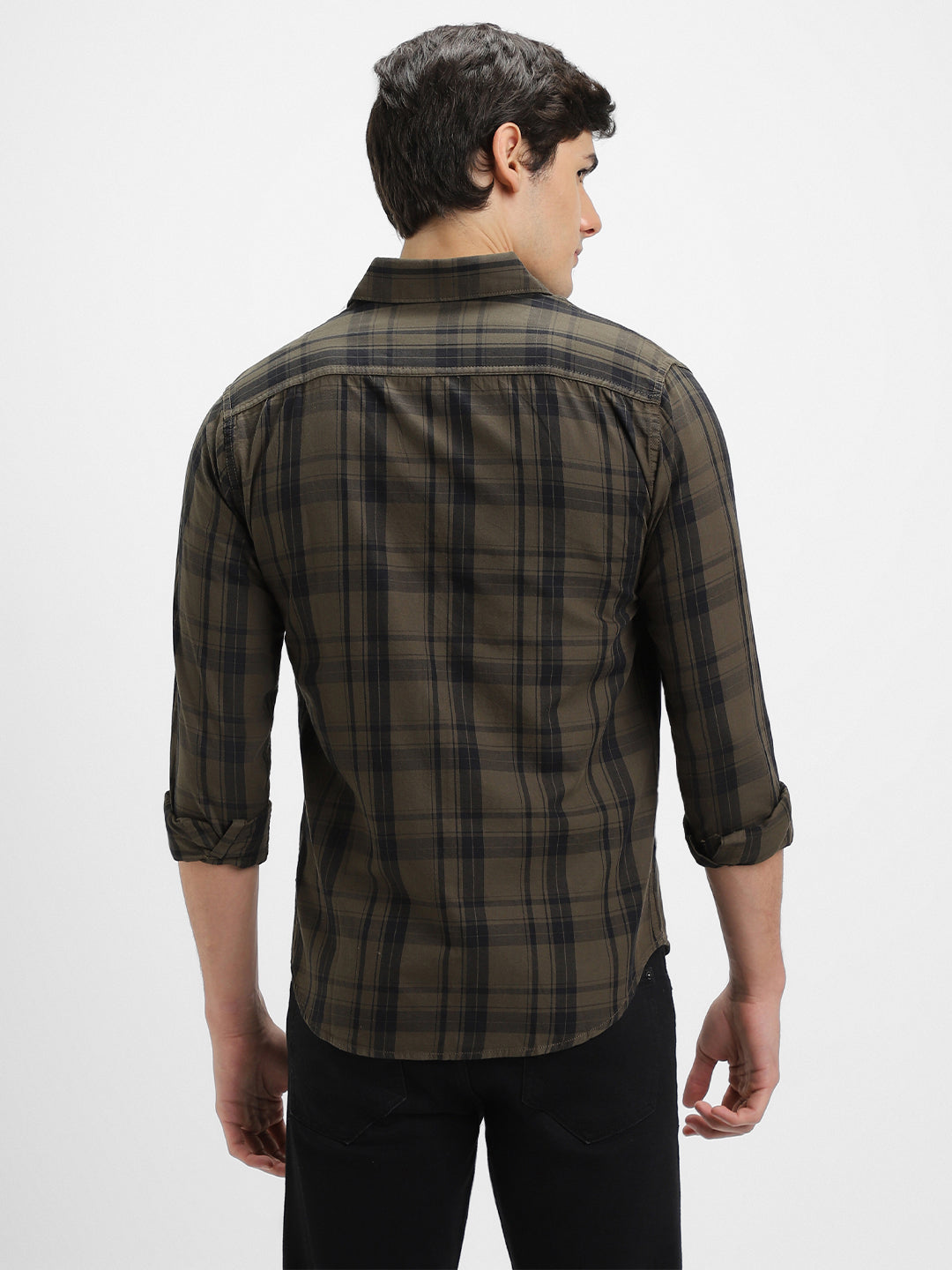 Men's Regular Collar Slim Fit Checks Khaki Casual Shirts