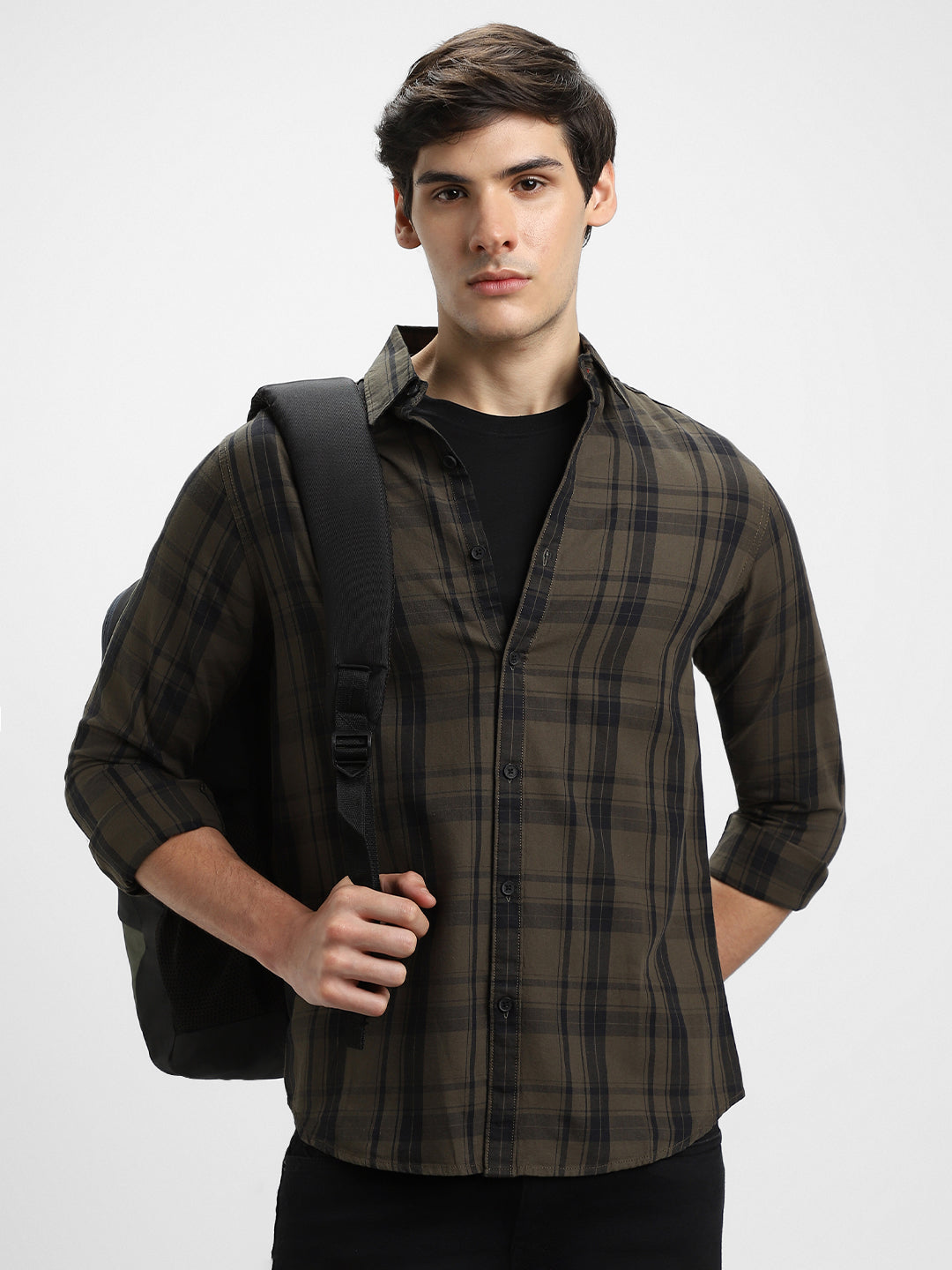 Men's Regular Collar Slim Fit Checks Khaki Casual Shirts