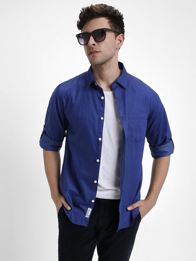 Men's Regular Collar Slim Fit Solid Navy Casual Shirts