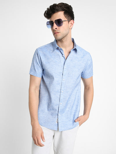 Men's Regular Collar Slim Fit Solid Blue Casual Shirts