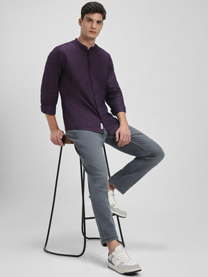 Men's Mandarin Collar Slim Fit Solid Purple Casual Shirt