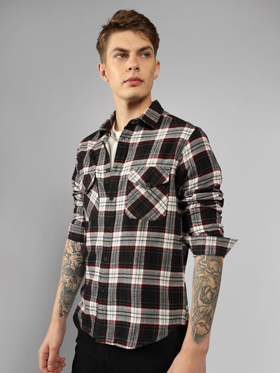 Men's Black Checks Spread Collar Full Sleeve Relaxed Fit Shirt