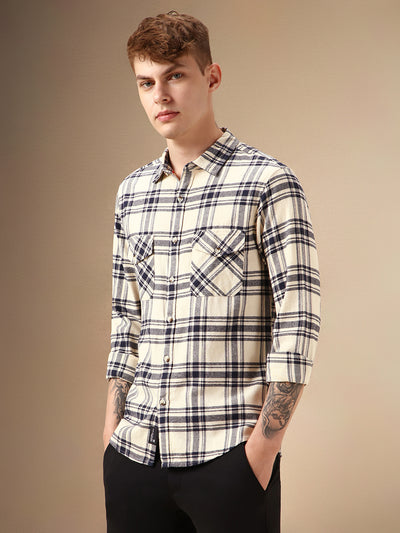 Men's Beige Checks Spread Collar Full Sleeve Relaxed Fit Shirt