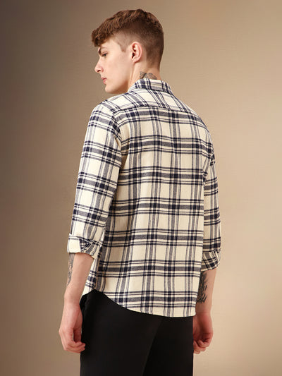 Men's Beige Checks Spread Collar Full Sleeve Relaxed Fit Shirt