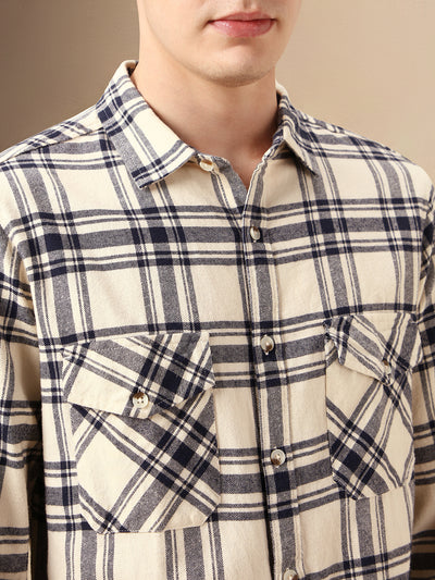 Men's Beige Checks Spread Collar Full Sleeve Relaxed Fit Shirt