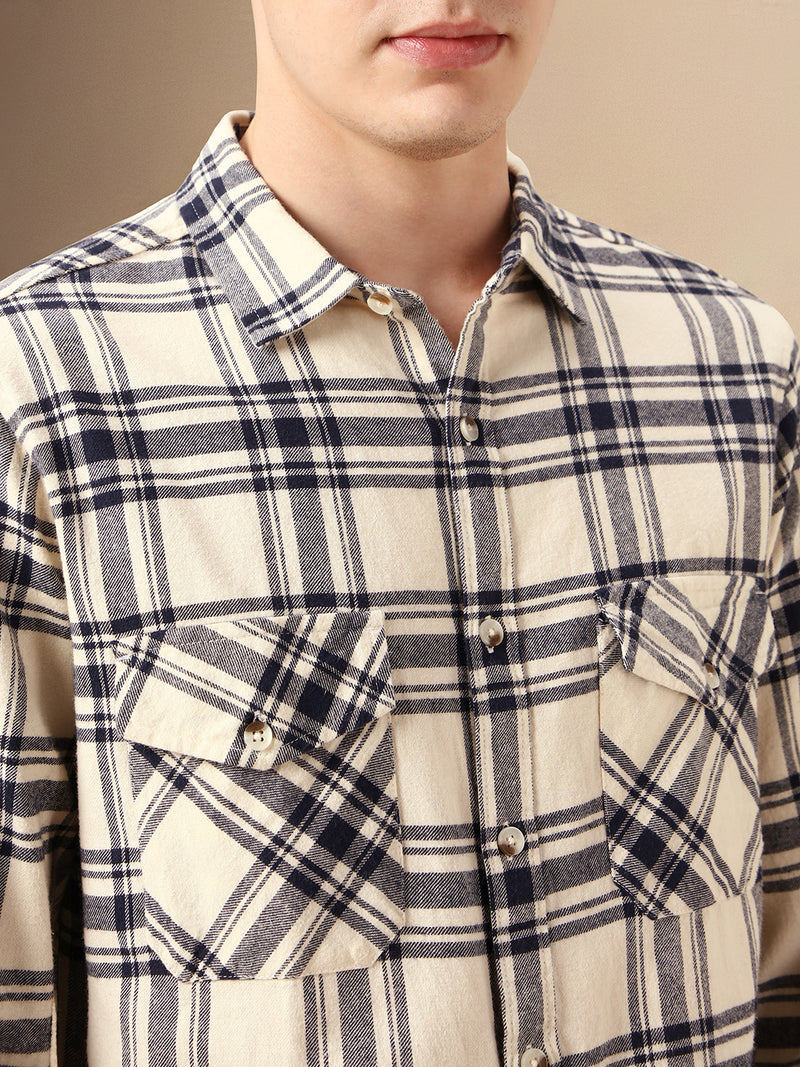 Men's Beige Checks Spread Collar Full Sleeve Relaxed Fit Shirt