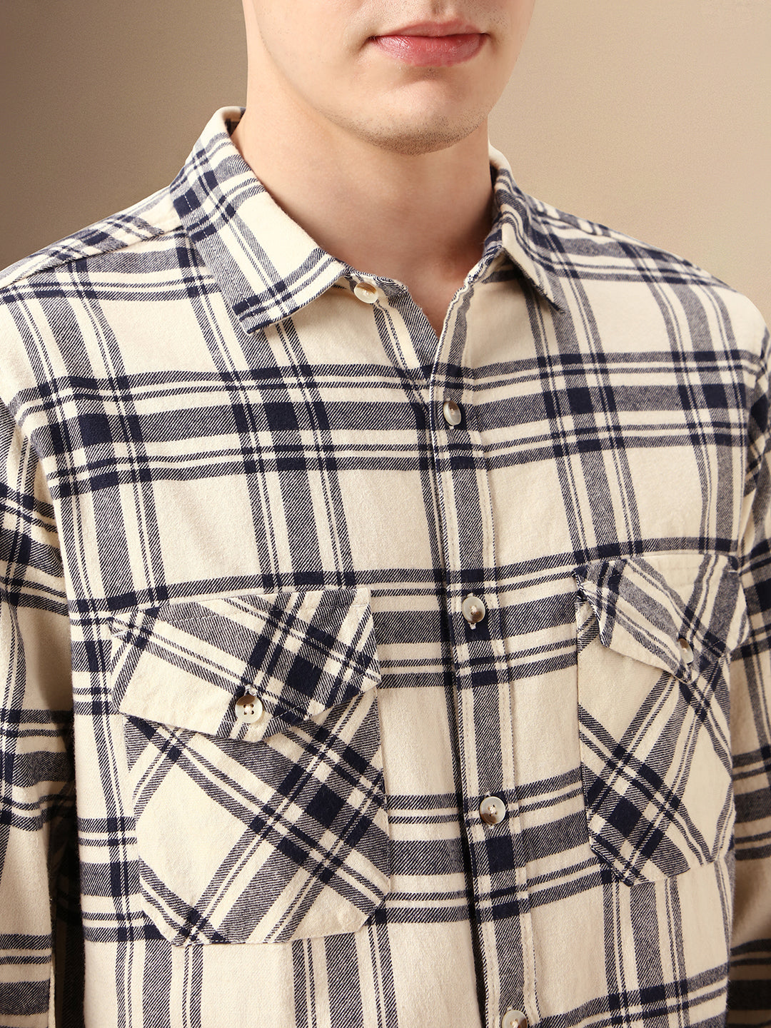Men's Beige Checks Spread Collar Full Sleeve Relaxed Fit Shirt