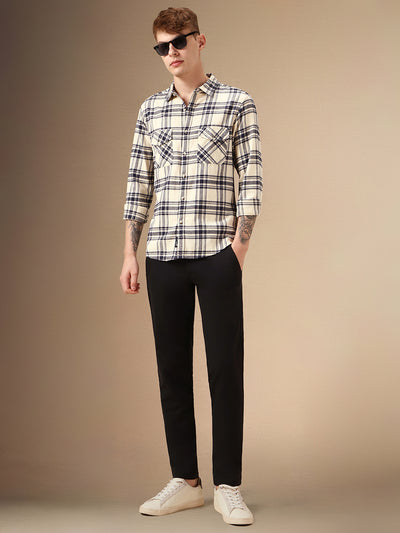 Men's Beige Checks Spread Collar Full Sleeve Relaxed Fit Shirt