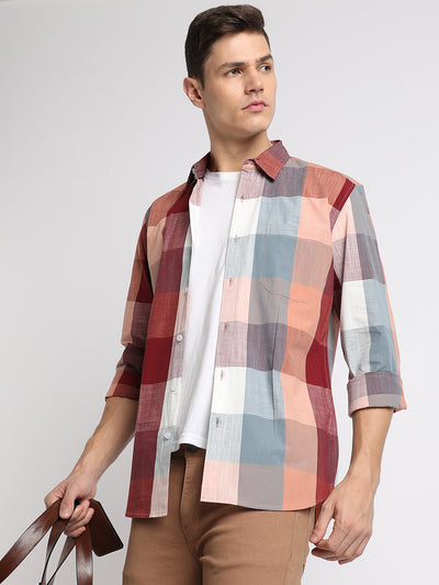 Men's Button Down Collar Slim Fit Checks Maroon Casual Shirts