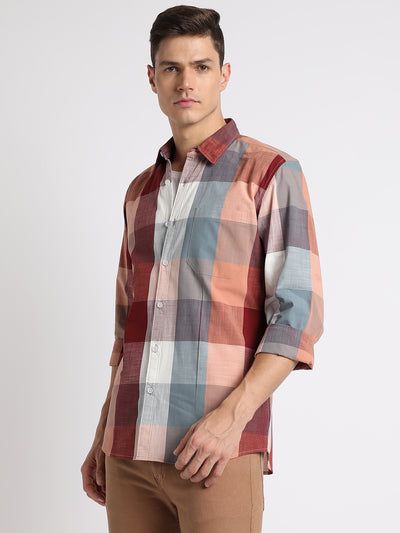 Men's Button Down Collar Slim Fit Checks Maroon Casual Shirts