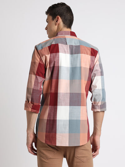 Men's Button Down Collar Slim Fit Checks Maroon Casual Shirts