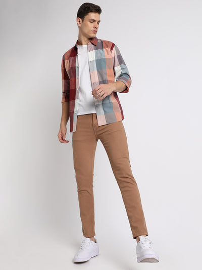 Men's Button Down Collar Slim Fit Checks Maroon Casual Shirts