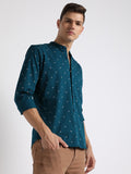 Dennis Lingo Men's Mandarin Collar Slim Fit Conversation Print Navy Casual Shirts
