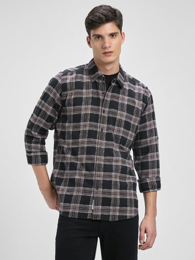 Men's Regular Collar Slim Fit Checks Black Casual Shirts