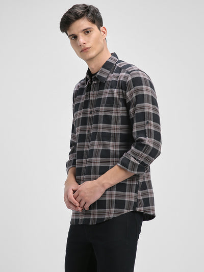 Men's Regular Collar Slim Fit Checks Black Casual Shirts
