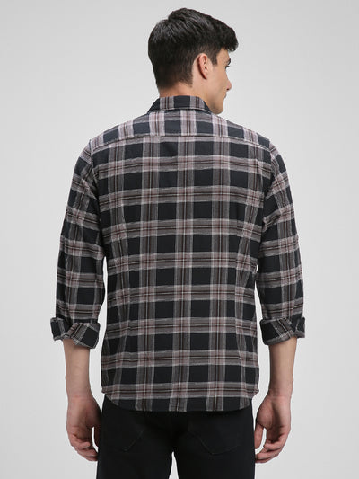 Men's Regular Collar Slim Fit Checks Black Casual Shirts