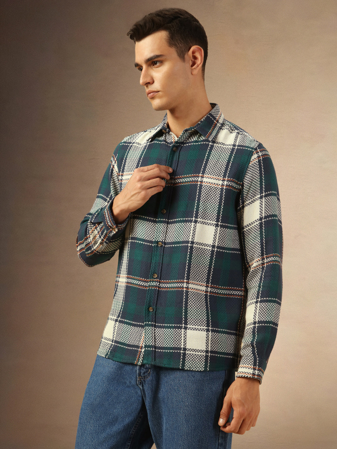 Men's Navy Checks Full Sleeves Flannel Shacket