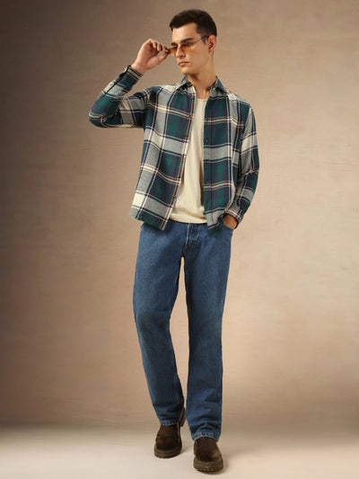 Men's Navy Checks Full Sleeves Flannel Shacket