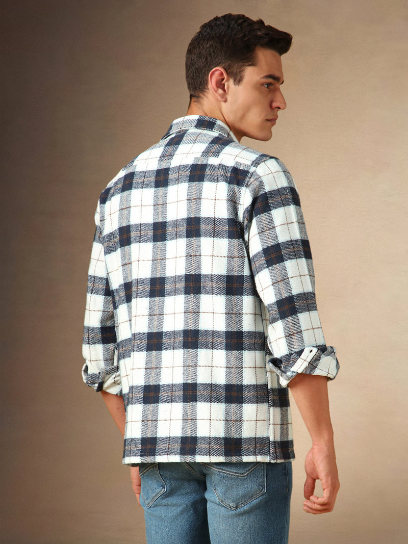Men's White Checks Spread Collar Full Sleeves Casual Flannel Shacket