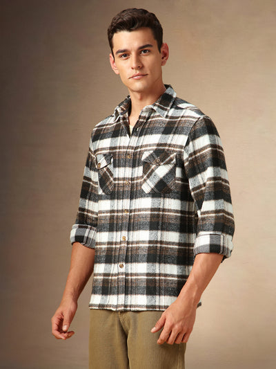 Men's Brown Checks Spread Collar Full Sleeves Casual Flannel Shacket