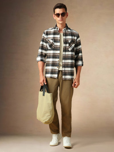Men's Brown Checks Spread Collar Full Sleeves Casual Flannel Shacket