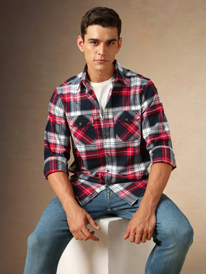 Men's Navy tartan Checks Spread Collar Full Sleeves Casual Flannel Shirt