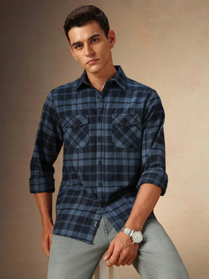 Men's Navy Checks Spread Collar Full Sleeves Casual Flannel Shirt