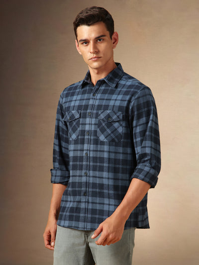 Men's Navy Checks Spread Collar Full Sleeves Casual Flannel Shirt
