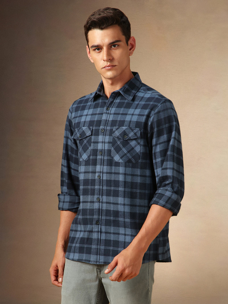 Men's Navy Checks Spread Collar Full Sleeves Casual Flannel Shirt