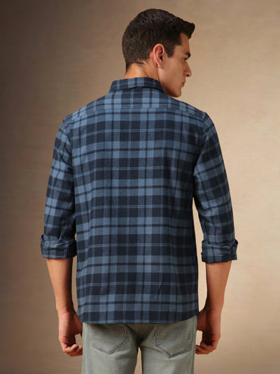 Men's Navy Checks Spread Collar Full Sleeves Casual Flannel Shirt