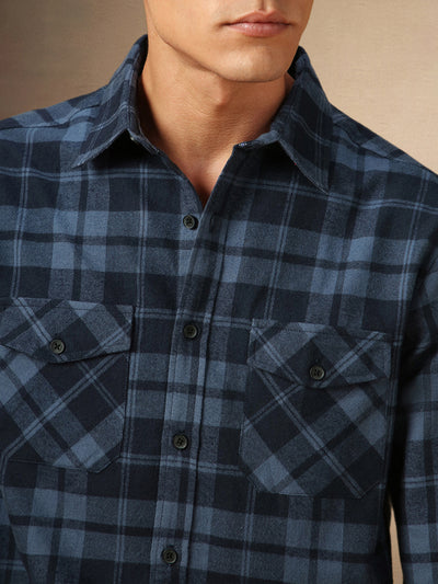 Men's Navy Checks Spread Collar Full Sleeves Casual Flannel Shirt