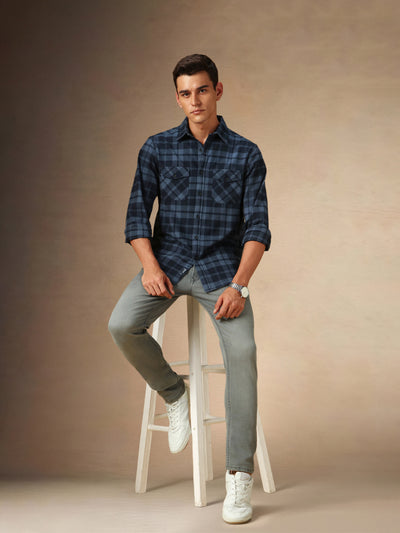 Men's Navy Checks Spread Collar Full Sleeves Casual Flannel Shirt