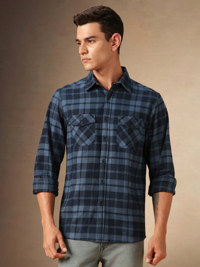 Men's Navy Checks Spread Collar Full Sleeves Casual Flannel Shirt