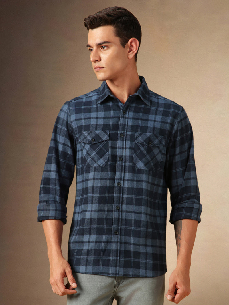 Men's Navy Checks Spread Collar Full Sleeves Casual Flannel Shirt