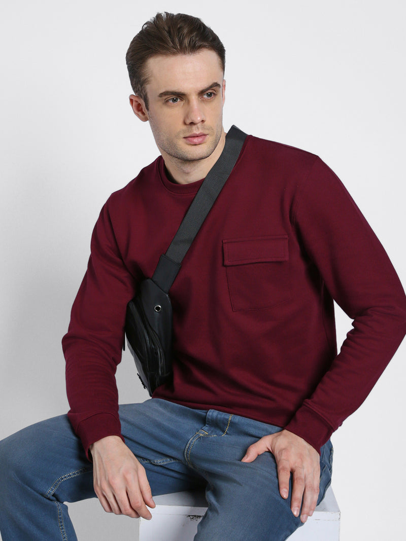 Dennis Lingo Men's Mock Neck Regular Fit Solid Patch Pocket Maroon Sweatshirt