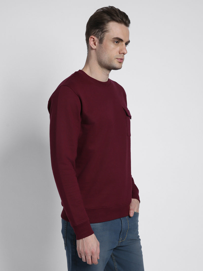 Dennis Lingo Men's Mock Neck Regular Fit Solid Patch Pocket Maroon Sweatshirt