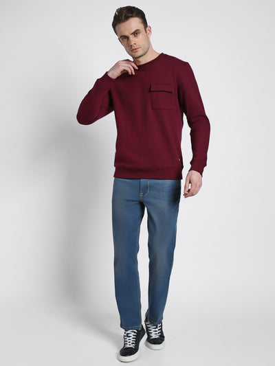 Dennis Lingo Men's Mock Neck Regular Fit Solid Patch Pocket Maroon Sweatshirt