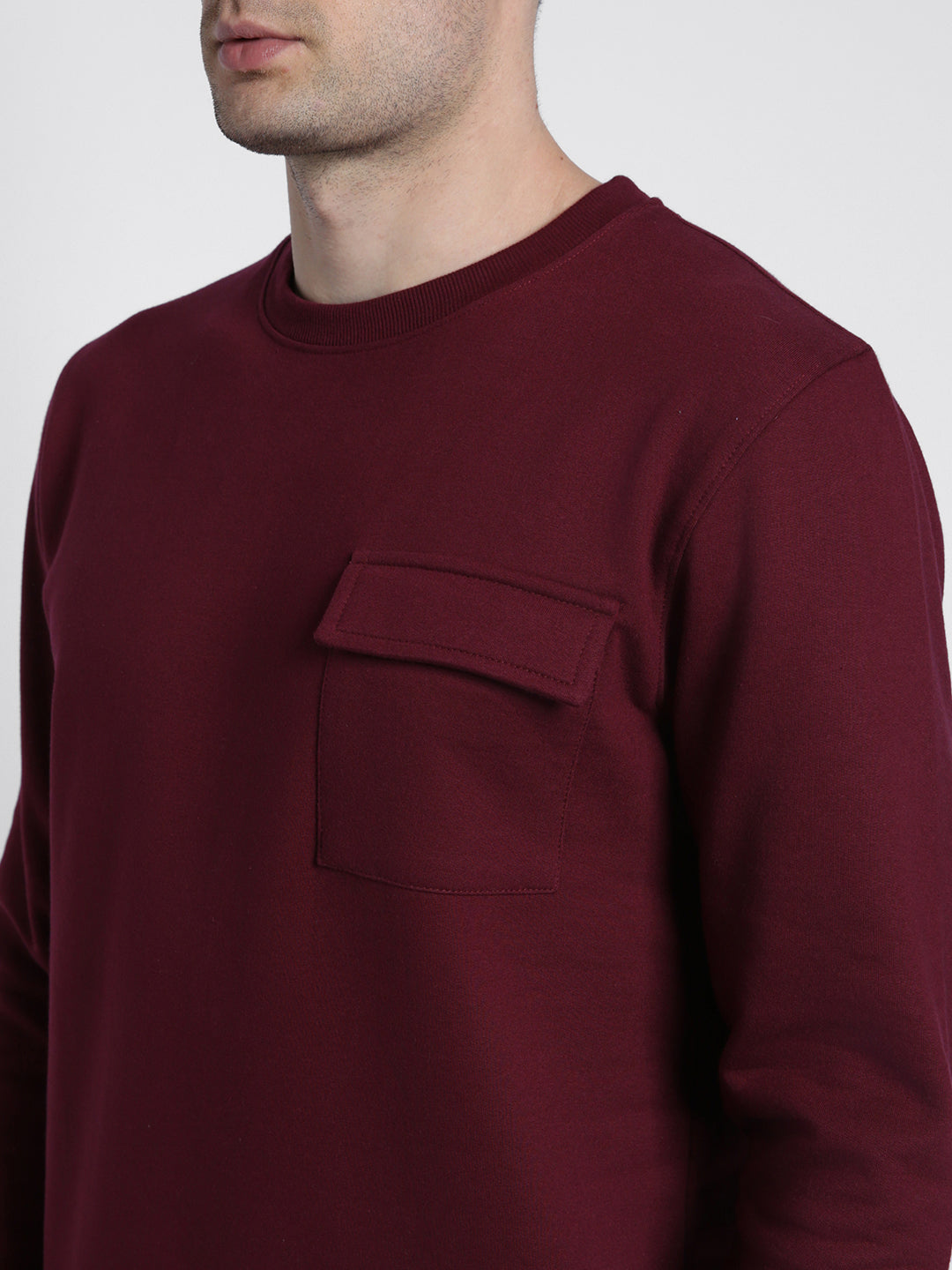 Dennis Lingo Men's Mock Neck Regular Fit Solid Patch Pocket Maroon Sweatshirt