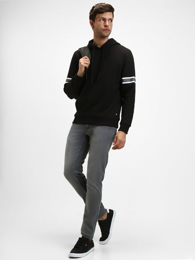 Men's Black Striped Sleeves Hooded Sweatshirt