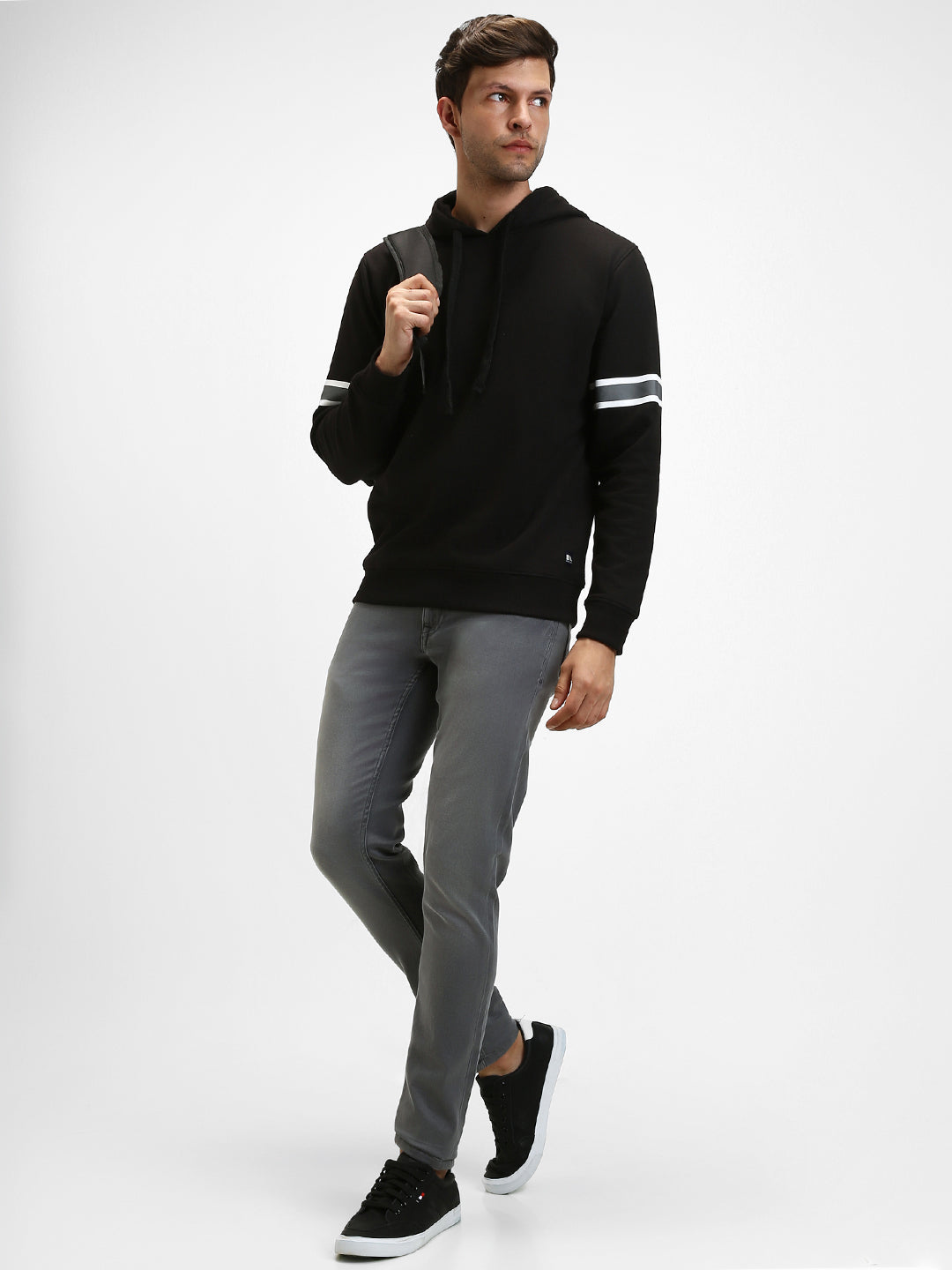 Men's Black Striped Sleeves Hooded Sweatshirt