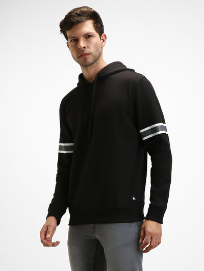 Men's Black Striped Sleeves Hooded Sweatshirt