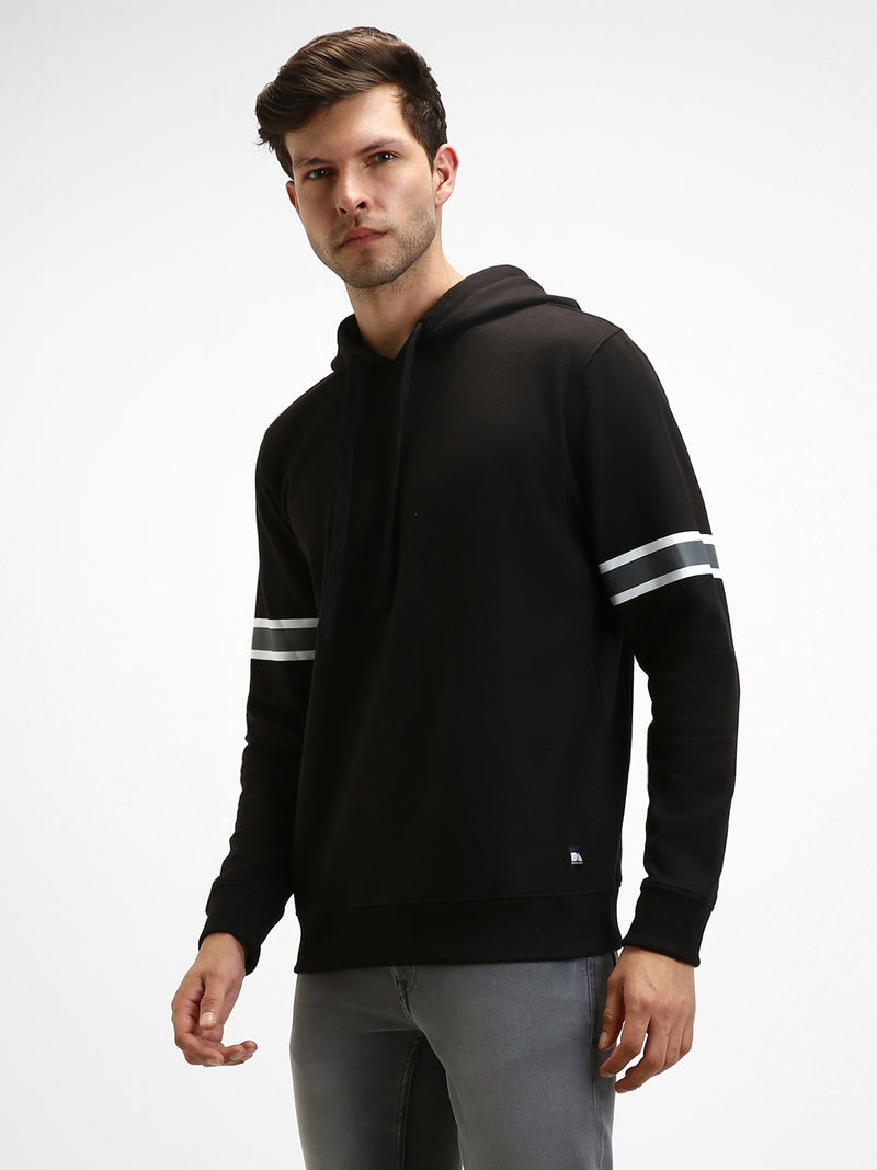 Men's Black Striped Sleeves Hooded Sweatshirt