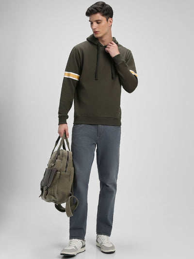 Men's Olive Striped Sleeves Hooded Sweatshirt