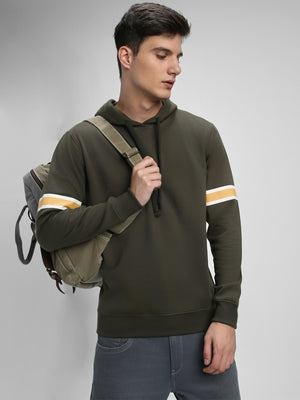Men's Olive Striped Sleeves Hooded Sweatshirt
