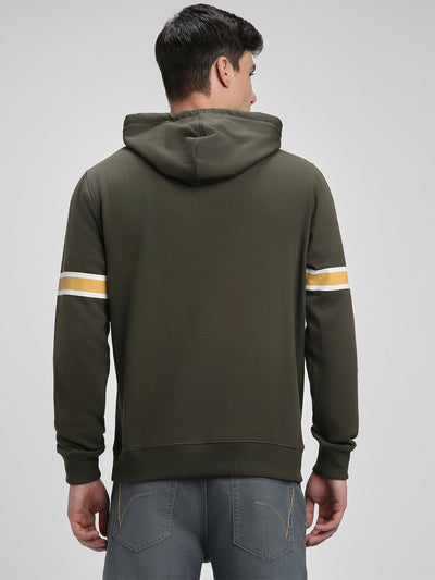Men's Olive Striped Sleeves Hooded Sweatshirt