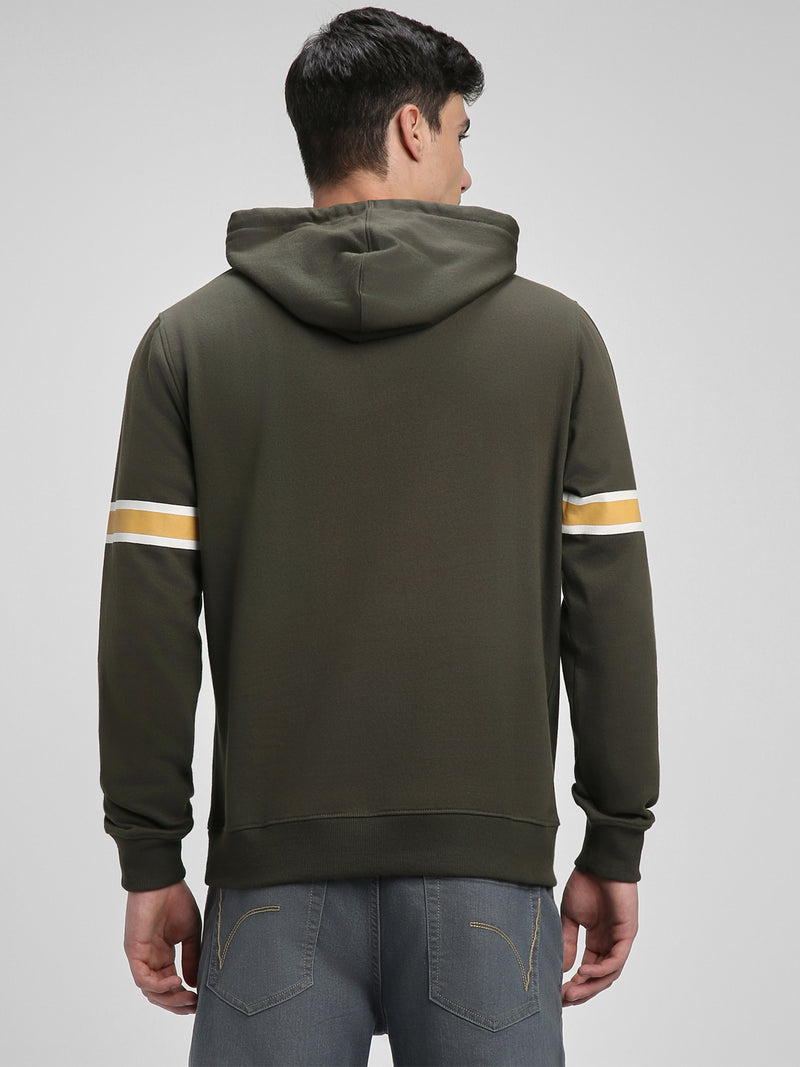 Men's Olive Striped Sleeves Hooded Sweatshirt
