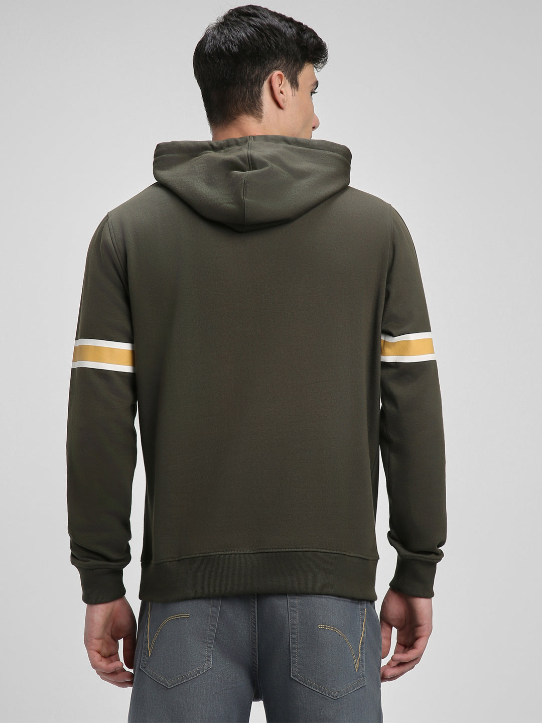 Men's Olive Striped Sleeves Hooded Sweatshirt