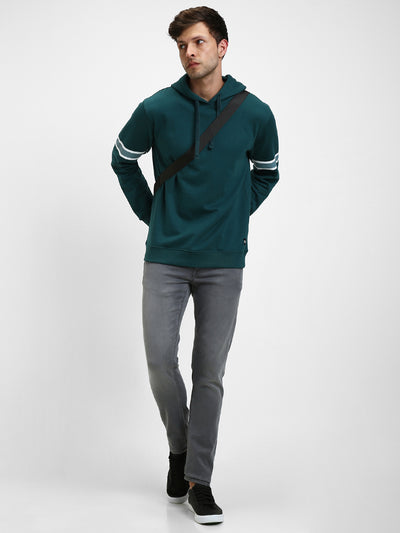 Men's Teal Blue Striped Sleeves Hooded Sweatshirt