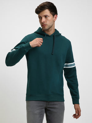 Men's Teal Blue Striped Sleeves Hooded Sweatshirt