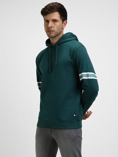 Men's Teal Blue Striped Sleeves Hooded Sweatshirt